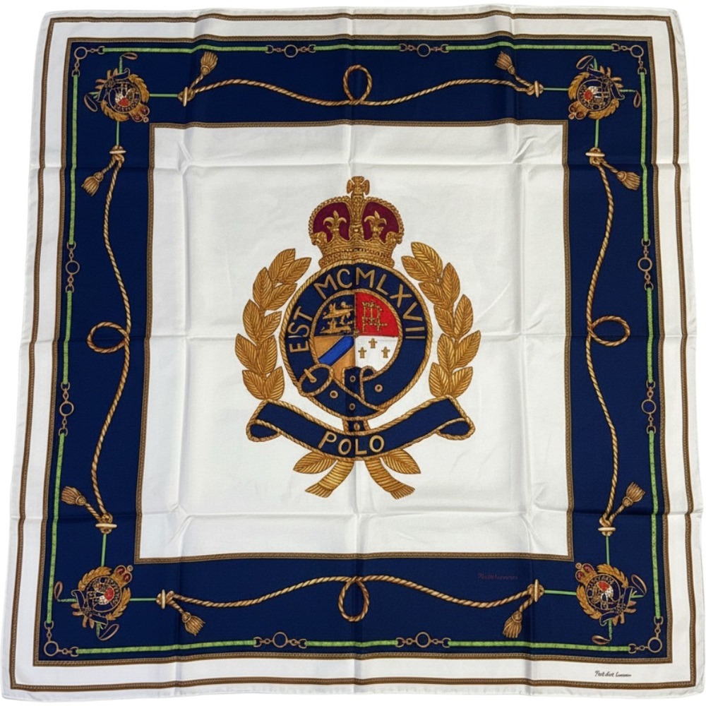Polo Ralph Lauren Silk Scarf OS White Navy Crest Made in Japan